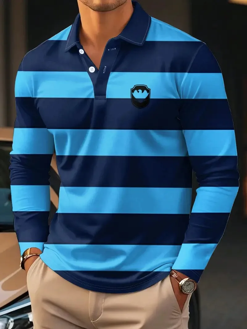 

Fashion minimalist contrasting striped 3D printed men's polo spring and autumn casual and comfortable long sleeved men pullover