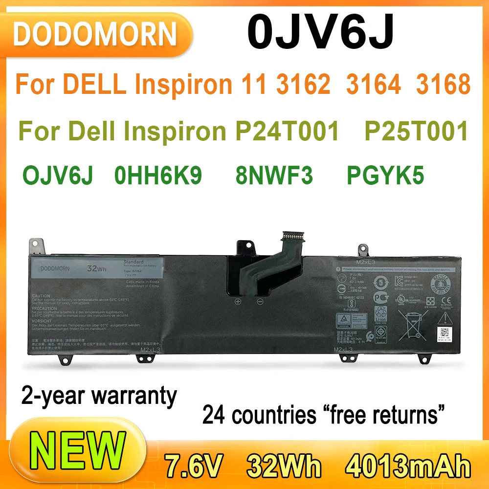 

Новый аккумулятор для ноутбука 0JV6J для Dell Inspiron 11 8 NWF3 3000 3162 3164 3168 P24T001 Series PGYK 5 OJV6J 0HH6K9 7,6 V 32Wh