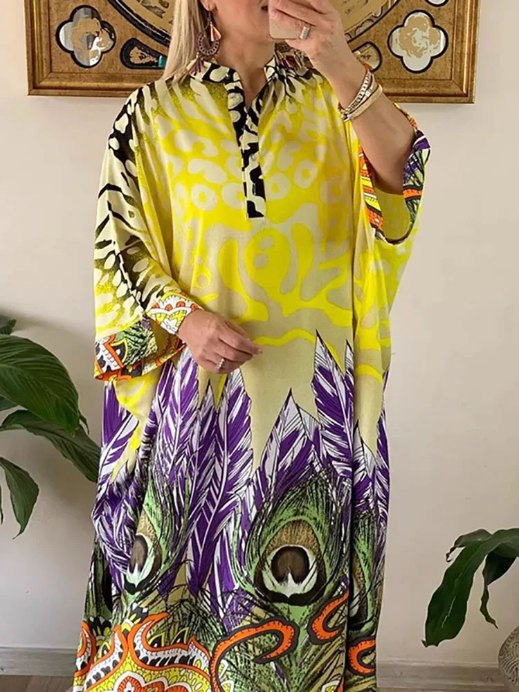 Modisches, bedrucktes Cover-up-Kleid, langes, lässiges, langärmliges, lockeres Partykleid, elegantes O-Ausschnitt-Knopfkleid, Urlaubs- und Strandkleid