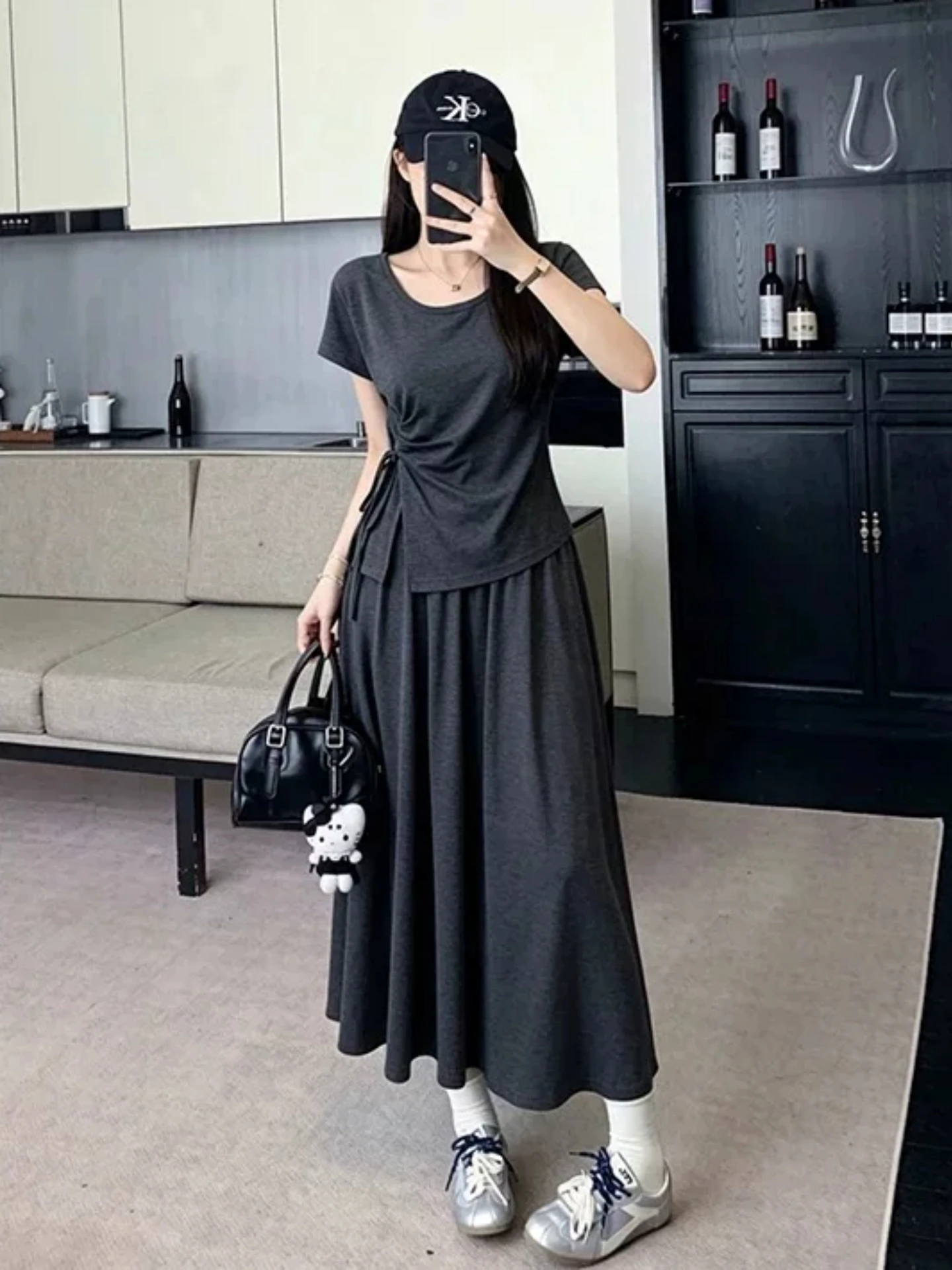 

Summer Fashion plus Size Women's T-Shirt And Skirt Set Short Sleeve Belted Top Half-length A-Line Midi Skirt Two-piece Outfit