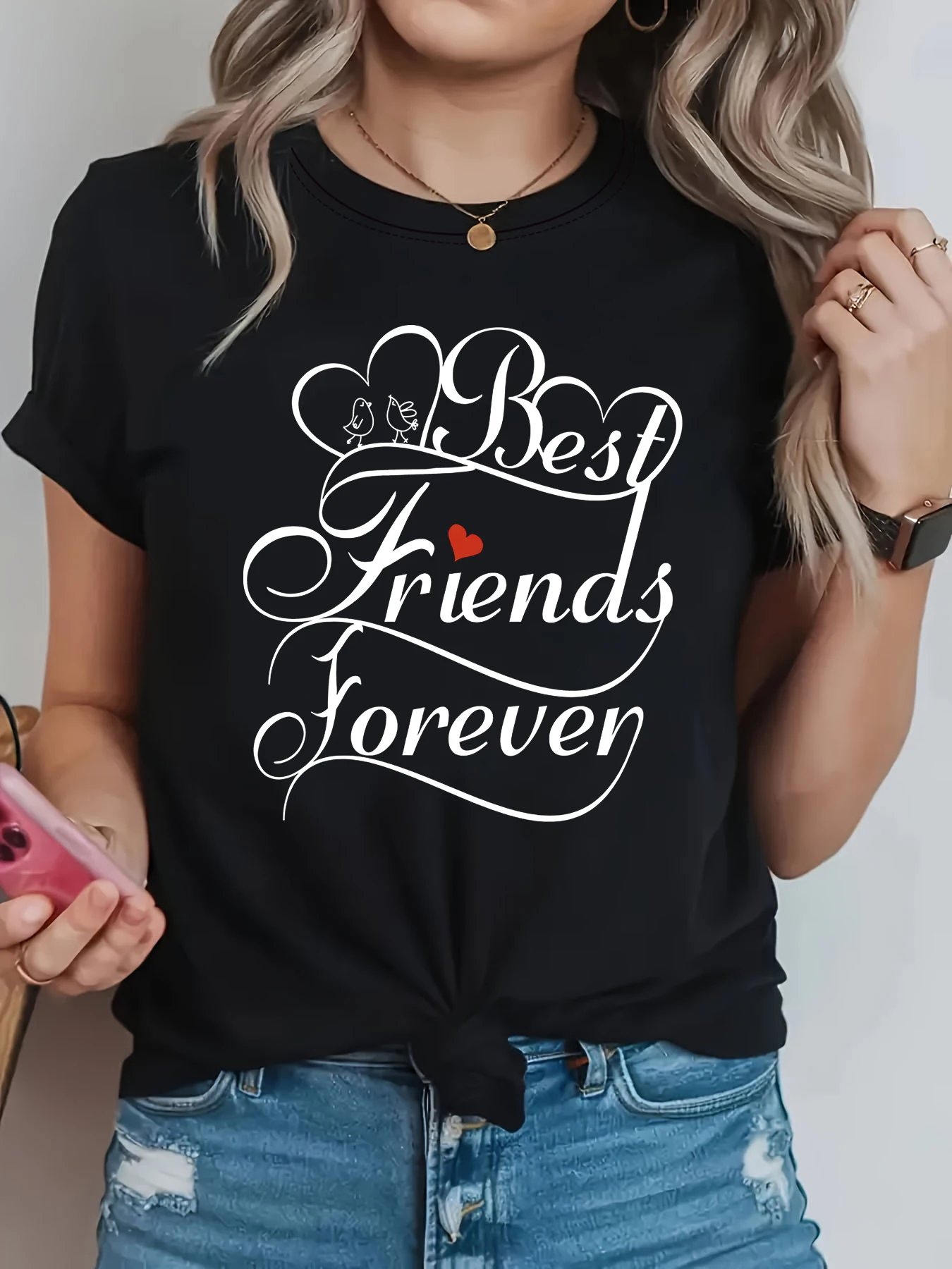 Women's Short Sleeve T-shirt "Best Friends Forever" Letter Print Crew Neck Casual Top For Summer & Spring