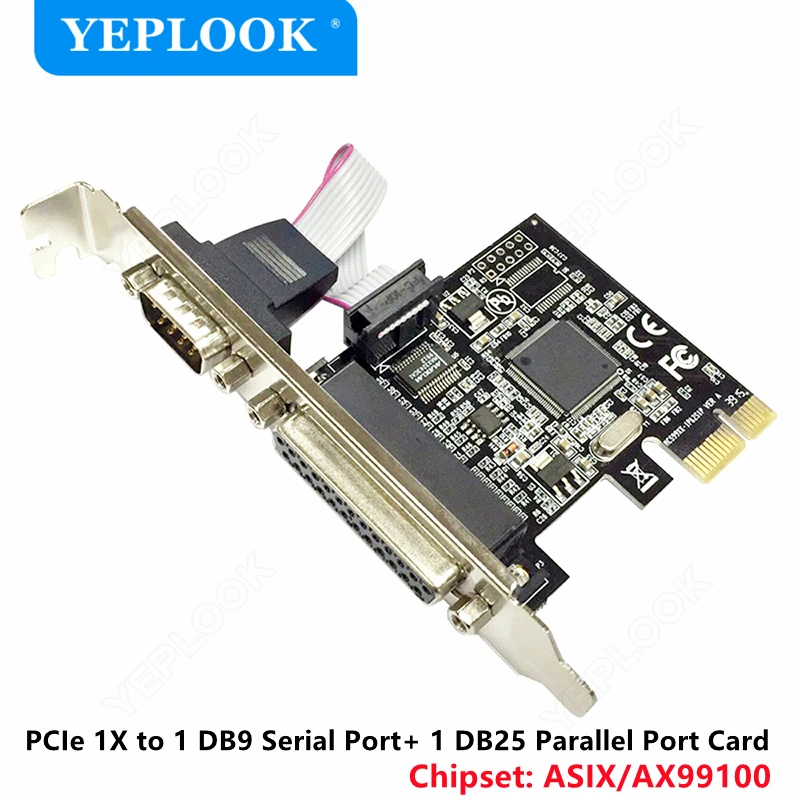 PCIe to Single Port DB9+DB25 PCI-E X1 RS232 Serial Port + LPT Parallel Port Expansion Card Riser Card Chip ASIX/AX99100