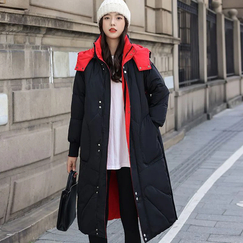 Hooded Patchwork Color Women Long Coat 2023 Winter Fashion Elegant Two Sides Wearing Parkas Female Loose Casual Warm Jacket