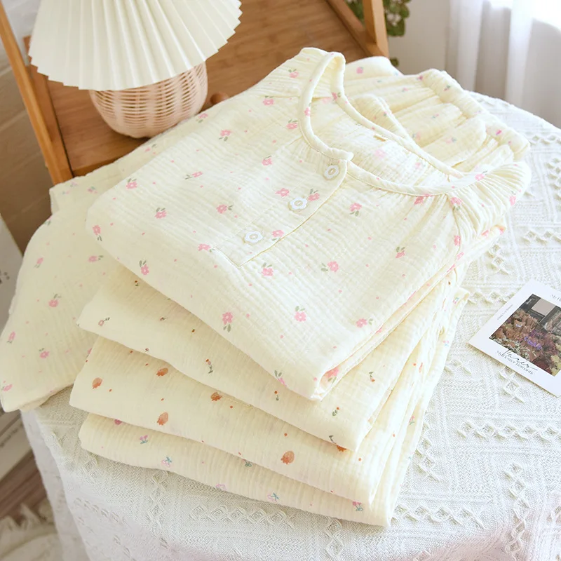 Ladies' Pure Cotton Yarn Autumn Long-sleeved Pajamas, Women's Bubble Cotton Yarn Round Neck Polka Dot Small Fresh Loose Home Wea
