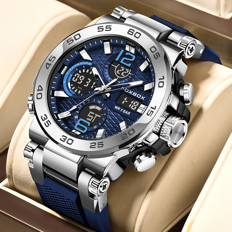 FOXBOX シルバーブラック クォーツ腕時計 FOXBOX Sport Men's Digital Watch Fashion Quartz Big Dial Watch Men
