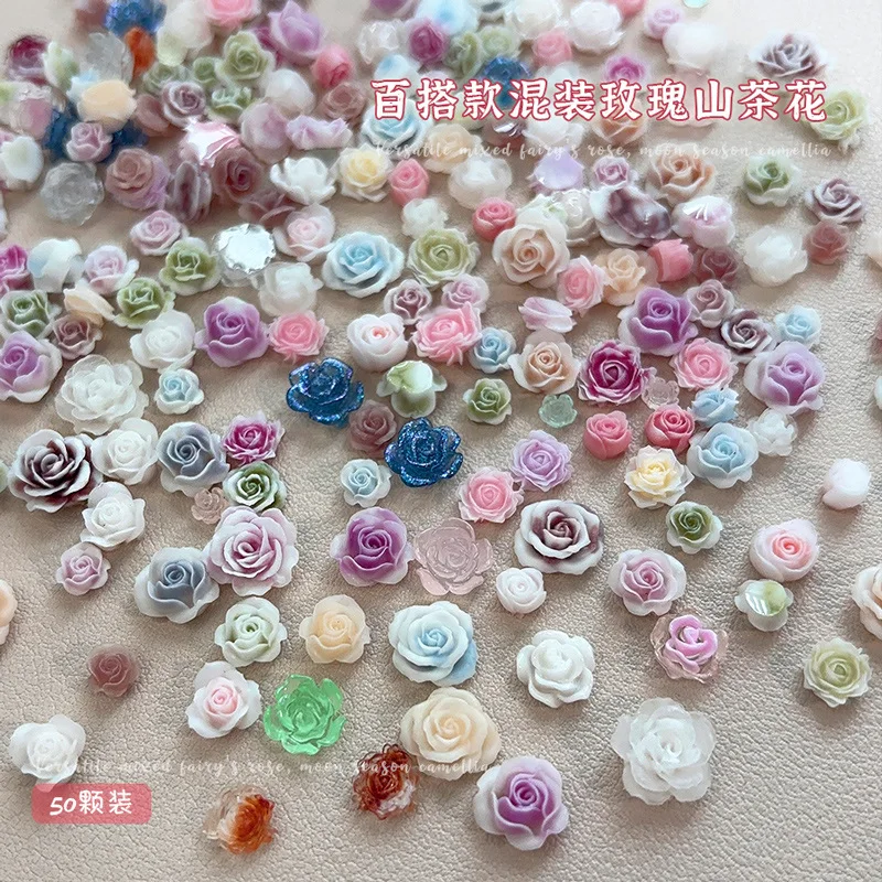 50PCS Pretty Gradient  Dyeing Colorful 3D Rose Camellia Flowers Resin Nail Art Rhinestones Decorations Manicure Beautiful Charms