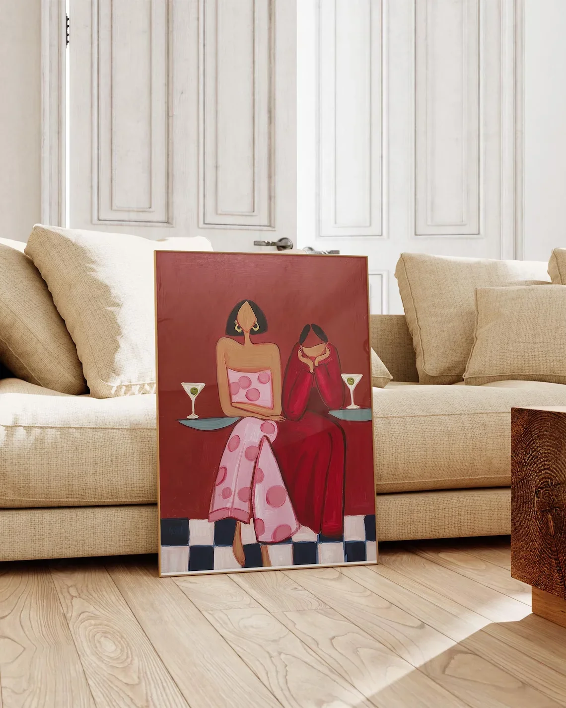 Martini Ladies Retro Wall Print Decor Bold Abstract Illustration Two Women Pink Polka Dot Red Dresses Cocktail