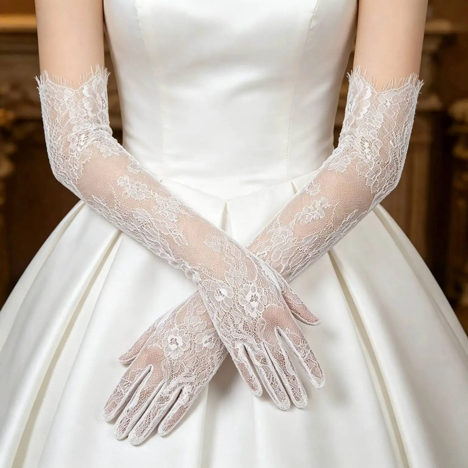 Women Sexy Thin Lace Flower White Black Long Gloves Transparent Mesh Eyelash Tulle Bridal Wedding Party Dress Accessories