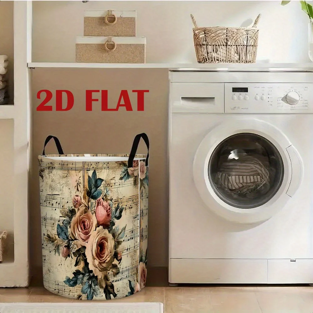 Large Round Storage Basket with Vintage Musical Note Rose Heavy Duty Foldable Hamper Suitable for Clothes Books Portable