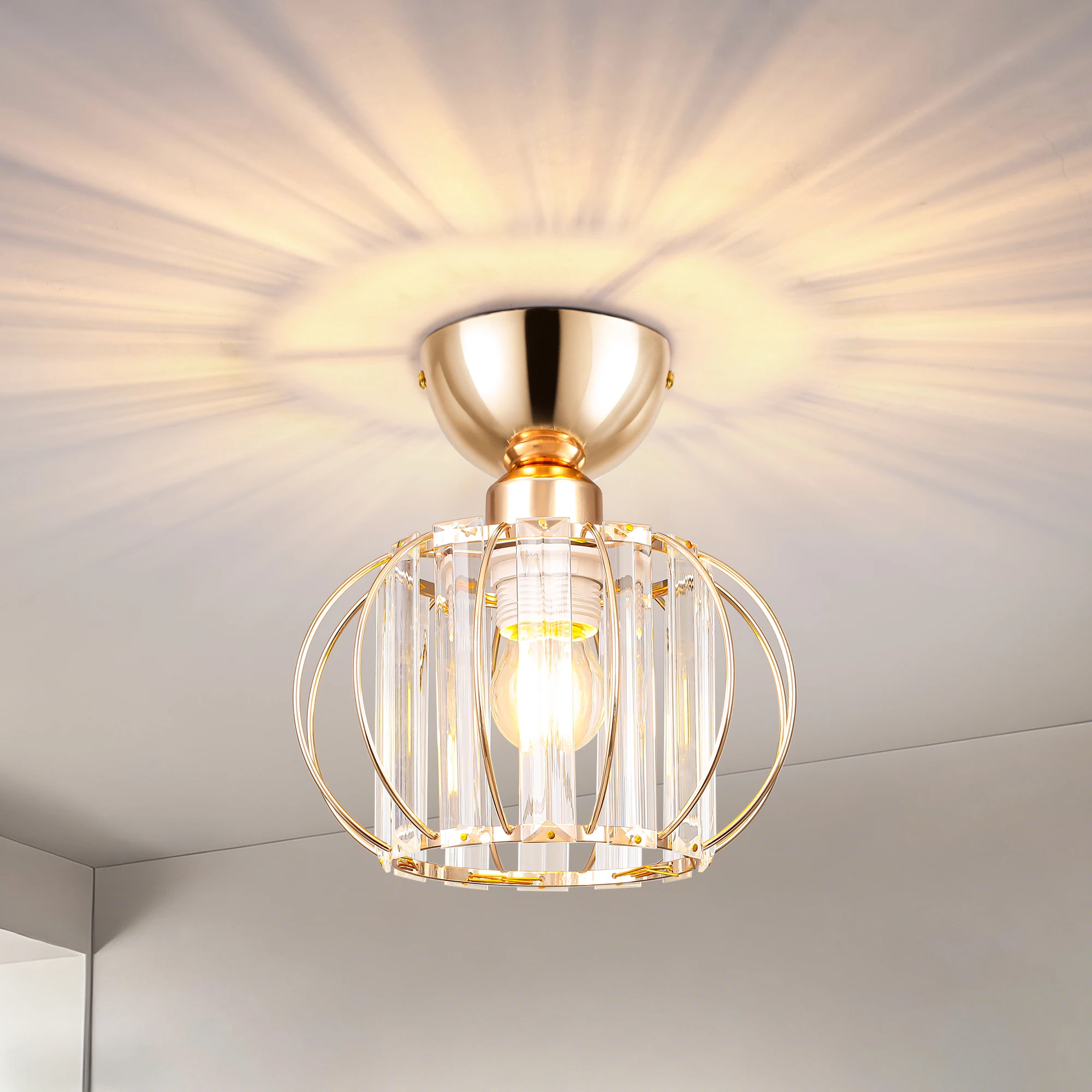 Lámpara de Techo E27 de Cristal Dorado, Candelabro Pequeño Semiempotrado de Latón para Pasillo, Entrada, Dormitorio