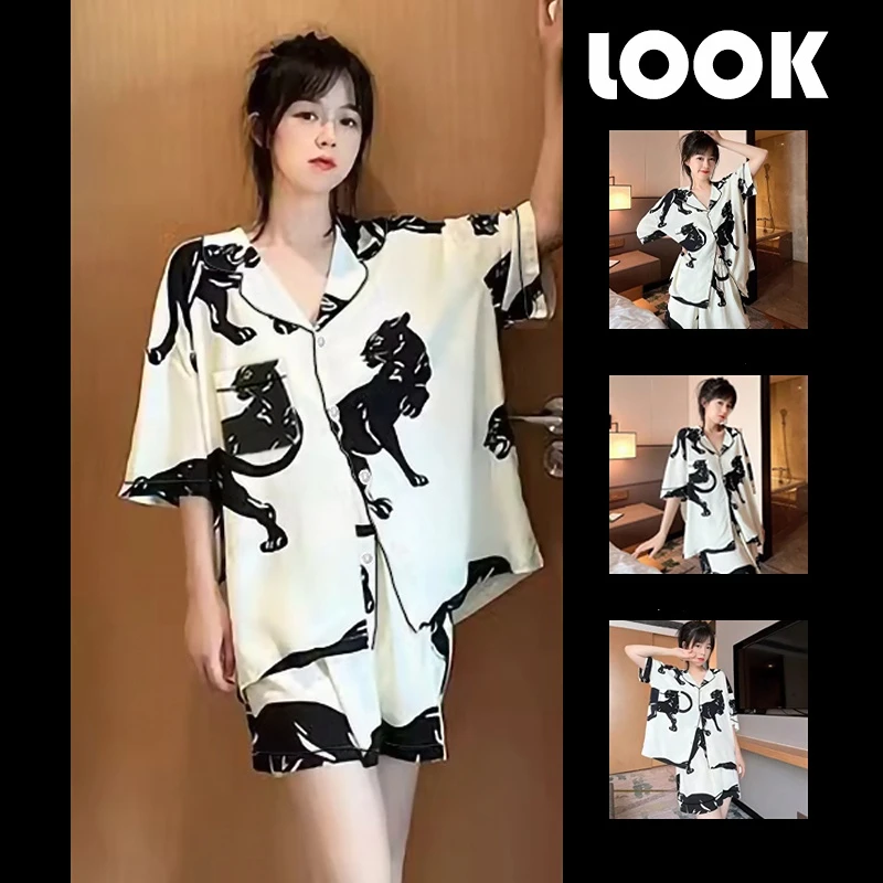 Cartoon Cute Puppy Print Women\'s Summer Pajamas Korean Kawaii Fashion Two-piece Lounges 2024 New Simulated Silk Female Nightgown