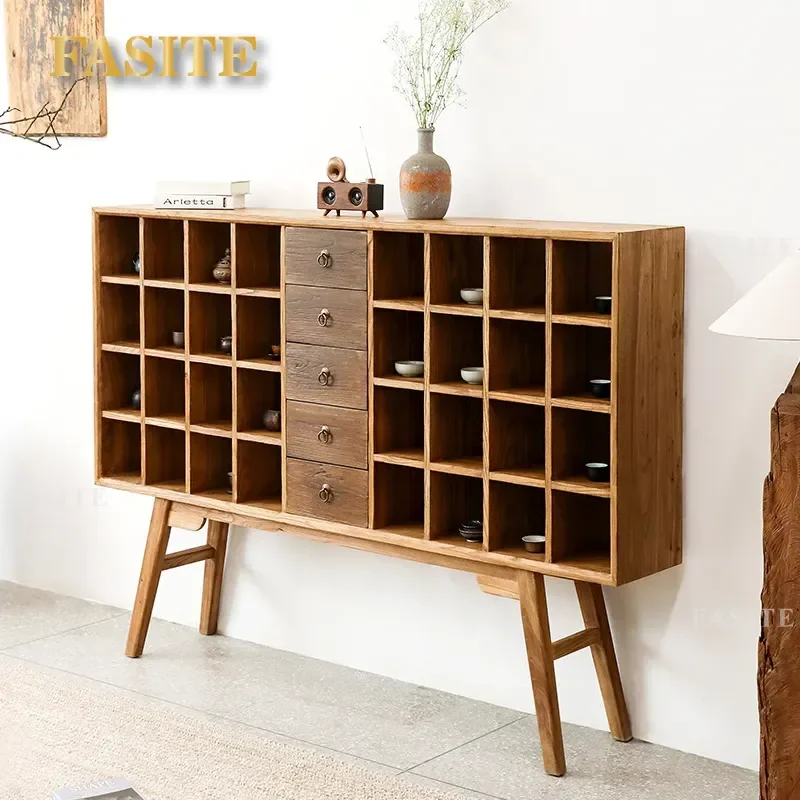with Light Teacup Rack Solid Wood Dining Side Cabinet Homestay Tea Room Storage Lattice Display