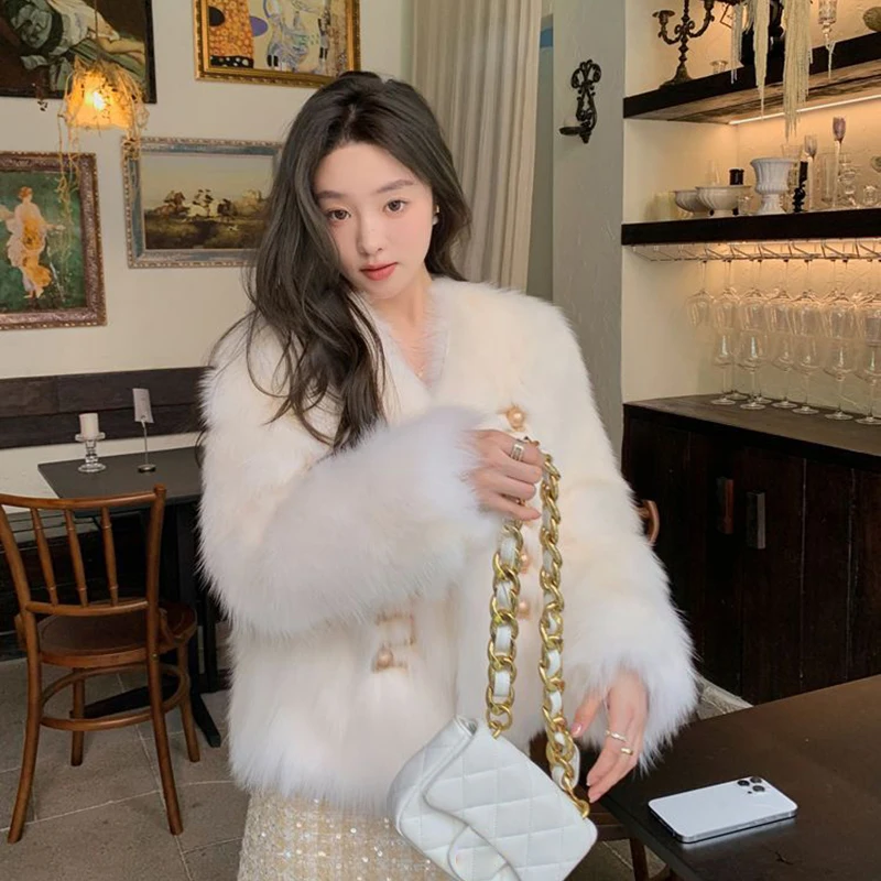 Chic White Women Faux Fur Jacket Pearl Button Coat Collarless Long Sleeve Cropped Loose Luxury Cozy Winter Outerwear Top