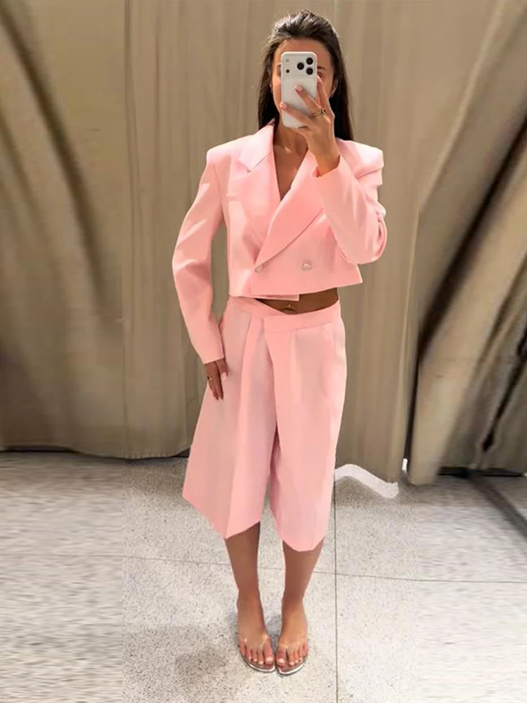 Revers-Langarm-Cropped-Anzugjacke mit Shorts für Damen – Eleganter Kurzmantel mit Knöpfen und High-Waist-Shorts – Schickes Büro-Outfit für Damen – Neu – Detail 5