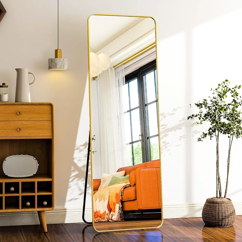 59Lx16W Rounded Full Length Mirror Aluminum Frame Gold Mirror Full Length Floor Mirror with Stand for Living Room Bedroom