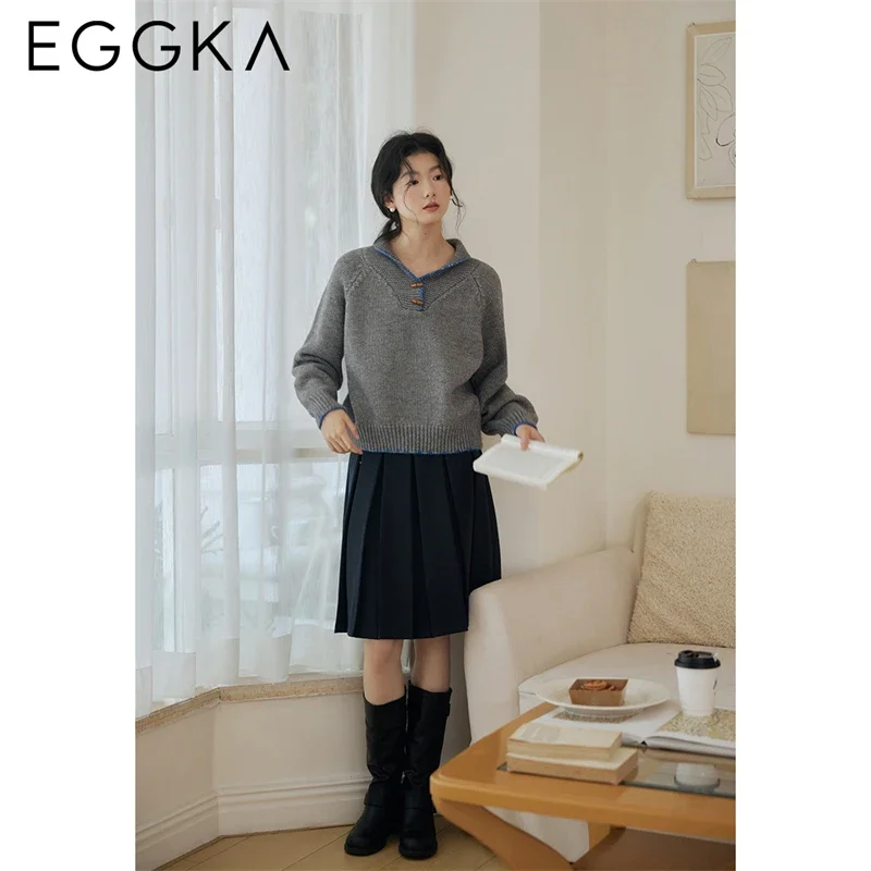 EGGKA Winter Thick Lapel Collar Sweaters Women Casual Loose Pullover Sweater Female Soft Knitted Tops Korean Fashion Streetwear