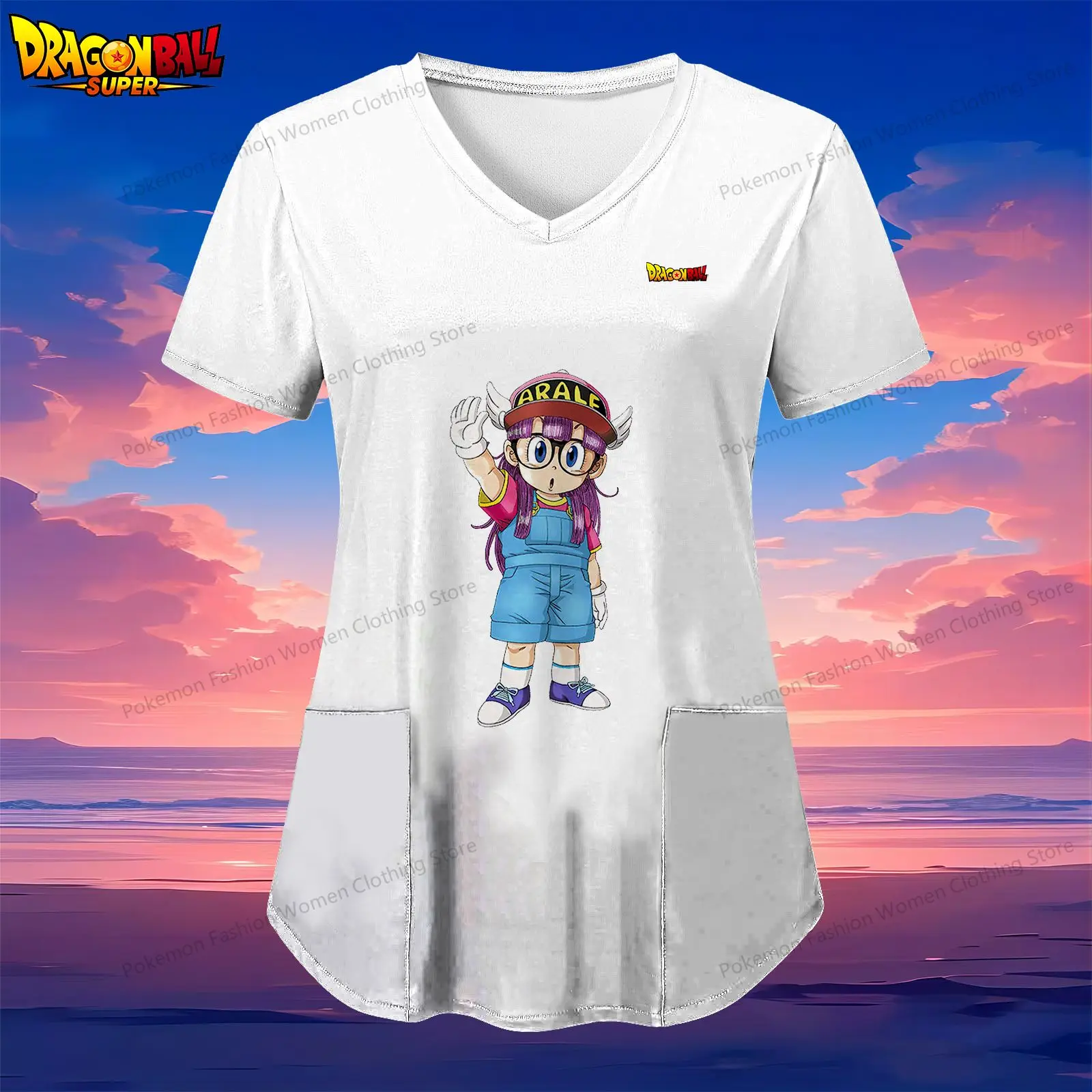 Dragon Ball Kakarotto Pocket Women's V Neck Nurse Uniform T-Shirt Woman Clothing Anime Kawaii 2024 Summer Clothes Tops S-2XL Y2k image 4