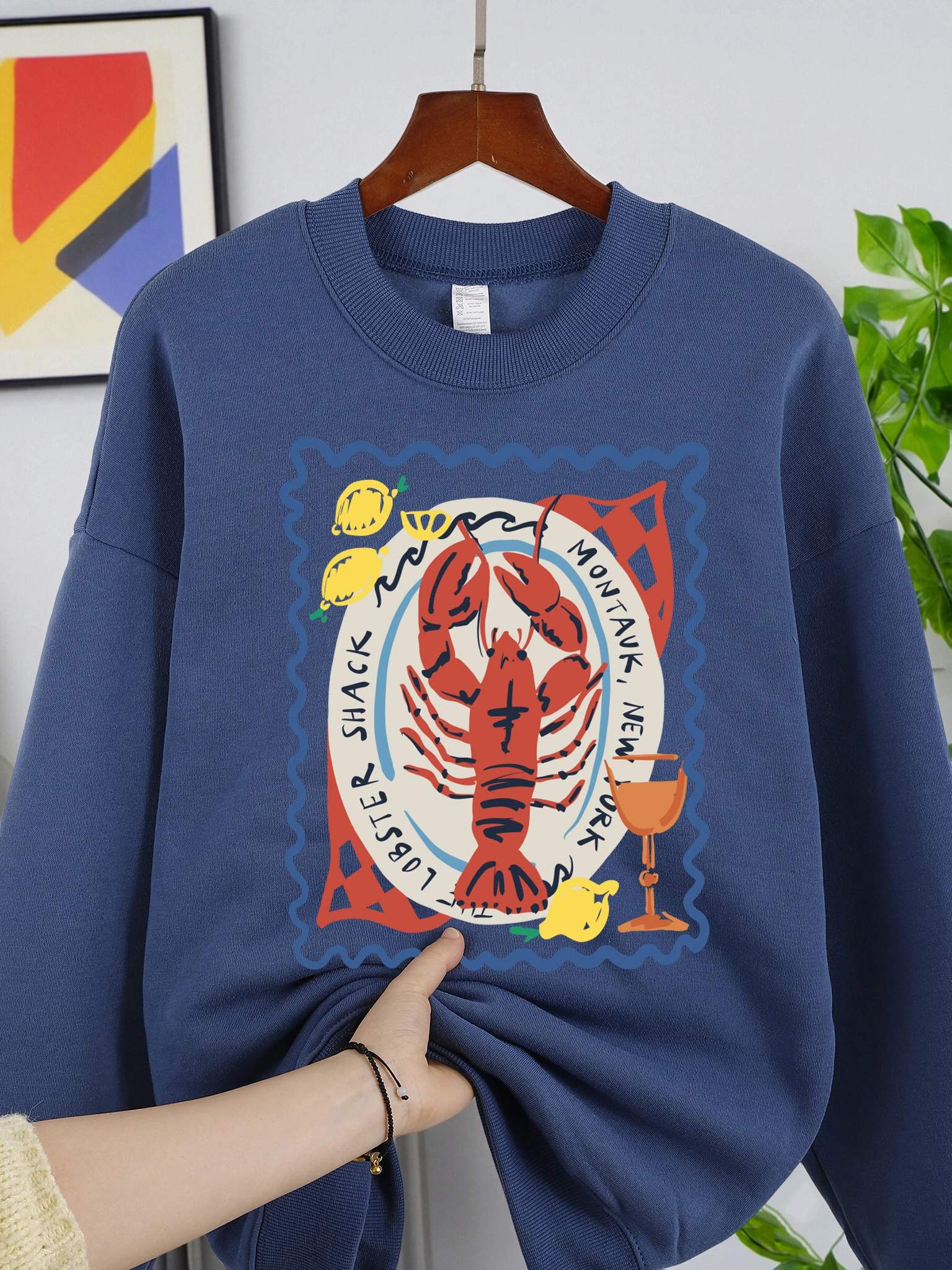 Zitronengetränk mit Hummer bedrucktes Damen-Sweatshirt, Fleece, lässiger Pullover, O-Ausschnitt, Herbst, Streetwear, Sport, Jogging, Y2K-Kleidung