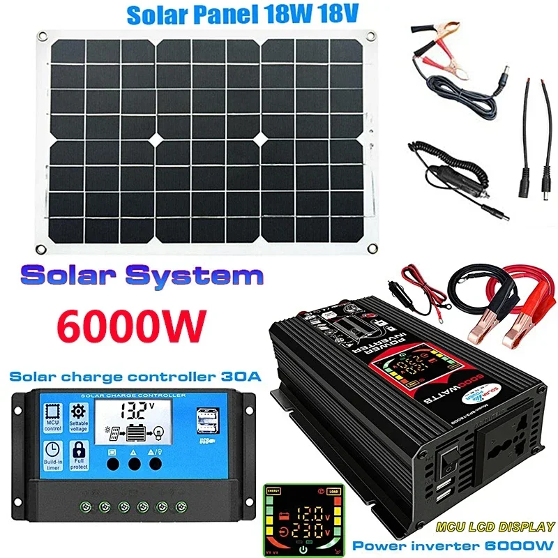 110/220V Solar Power System 18W Solar Panel Battery Charge 30A Controller 6000W 12V 220V Inverter Complete Power Generation Kit