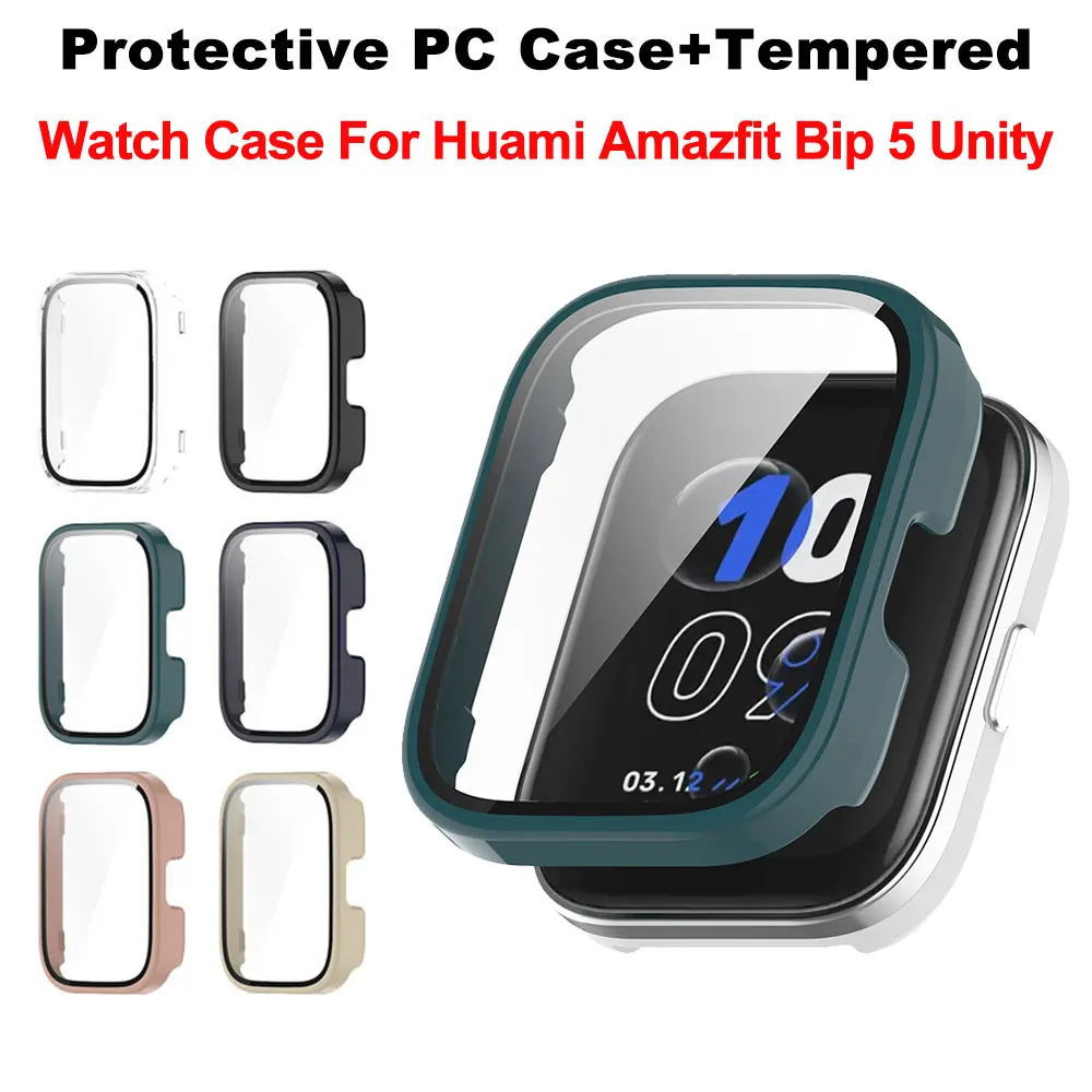 Coque PC pour Amazfit Bip 5 Unity, étui en verre anti-rayures, protecteur d'écran complet, housse de protection pare-chocs Amazfit Bip 5 Unity