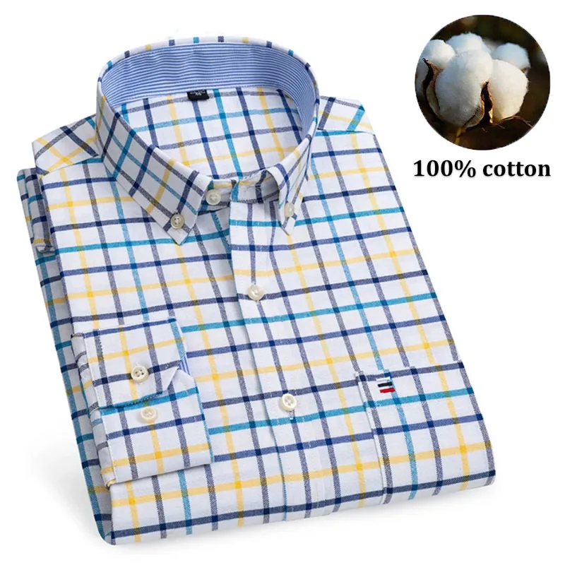 メンズ 100% コットンシャツ 長袖 ストライプ柄 チェック柄 オックスフォード カジュアル 無地 レギュラーフィット フォーマル ビジネス ドレスシャツ 大きいサイズ