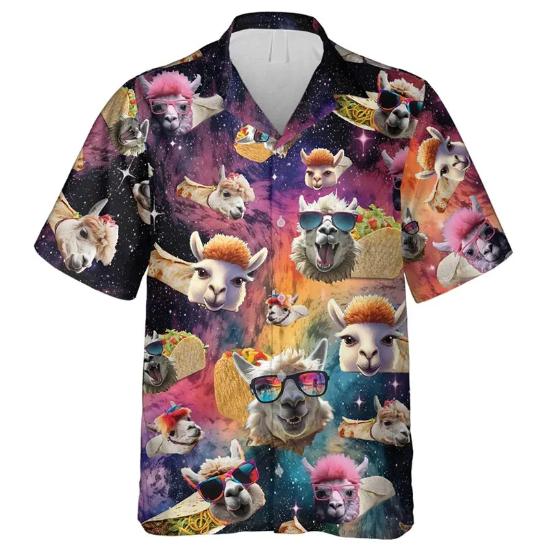 Alpaca Graphic Hawaiian Shirt Men Funny Animal Galaxy 3D Print Blouse Summer Button T-Shirt Short Sleeve Aloha Shirts Lapel Tops