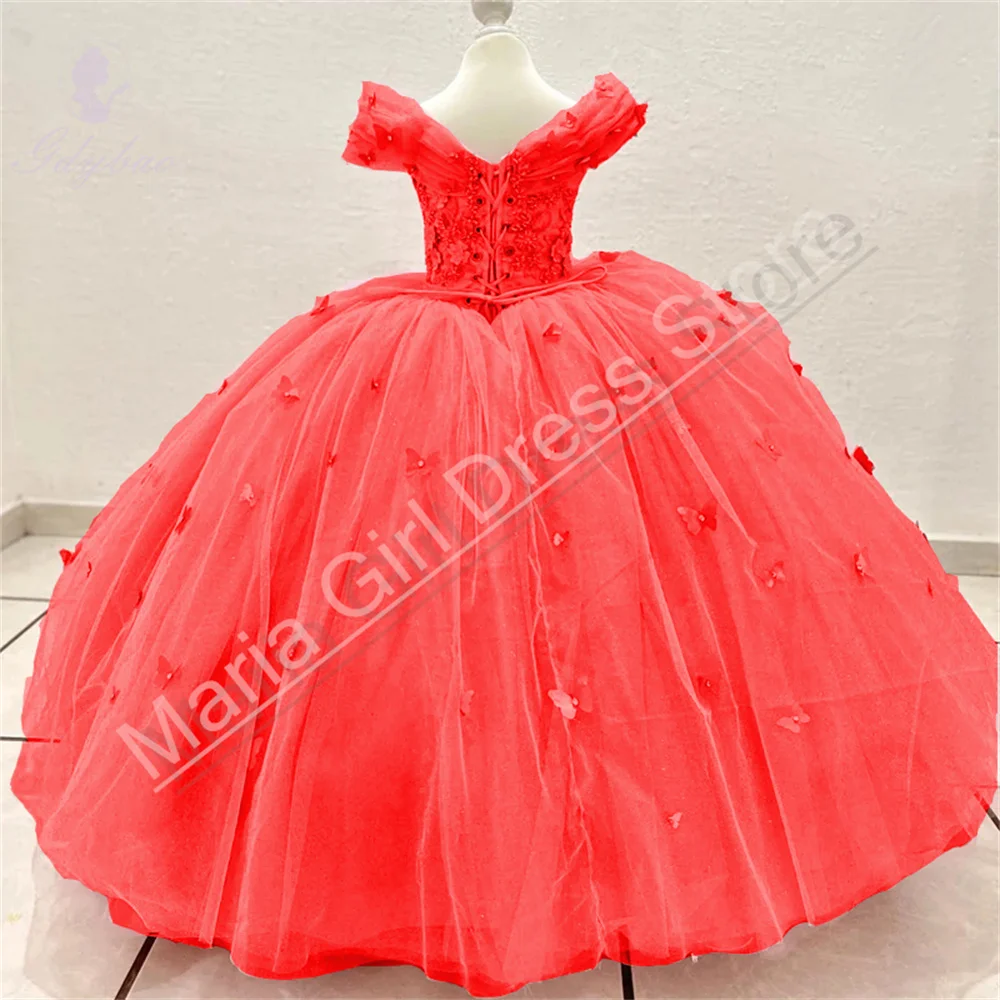 

Красное пышное платье с цветочным узором для девочек на заказ, детское платье для выпускного вечера на день рождения, кружевное платье с кристаллами и бусинами и бантом для первого причастия