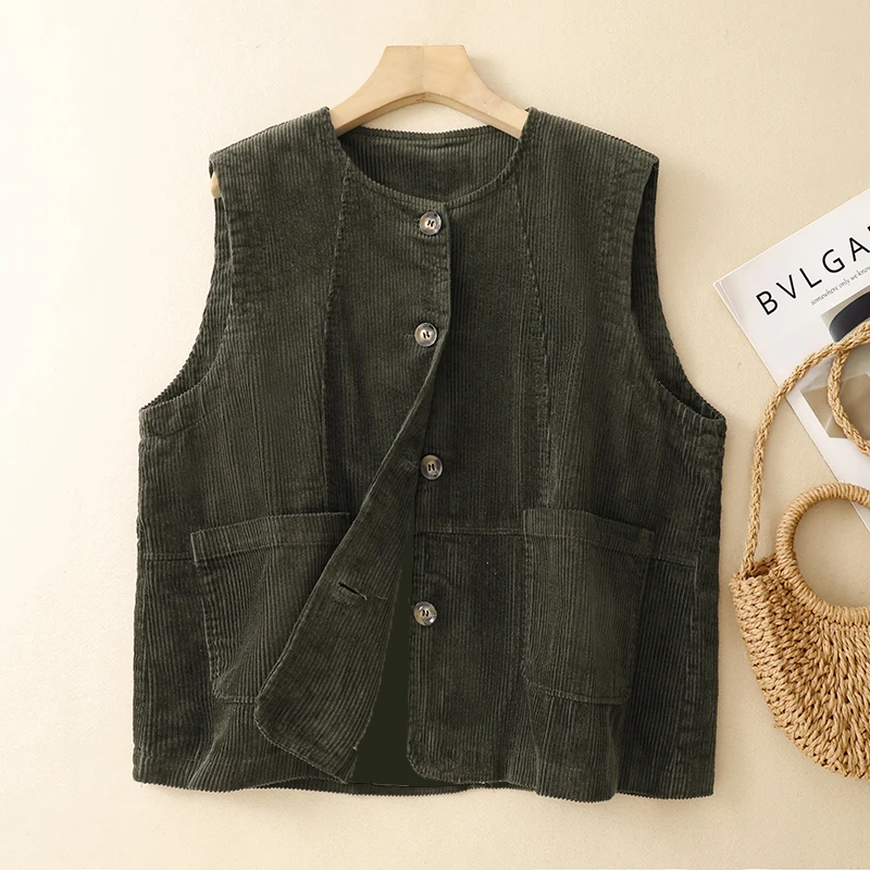 Women's Loose Fit Corduroy Vest Double Pocket Striped Shoulder Top Fashionable Versatile Retro Style Outerwear Casual Wear