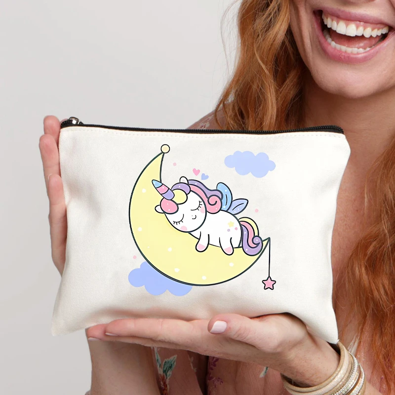 Bolsa de maquillaje con patrón de unicornio para mujer, estuche de lápices Kawaii para amantes de los dibujos animados, organizador de cosméticos para chica escolar, monedero lindo, regalo