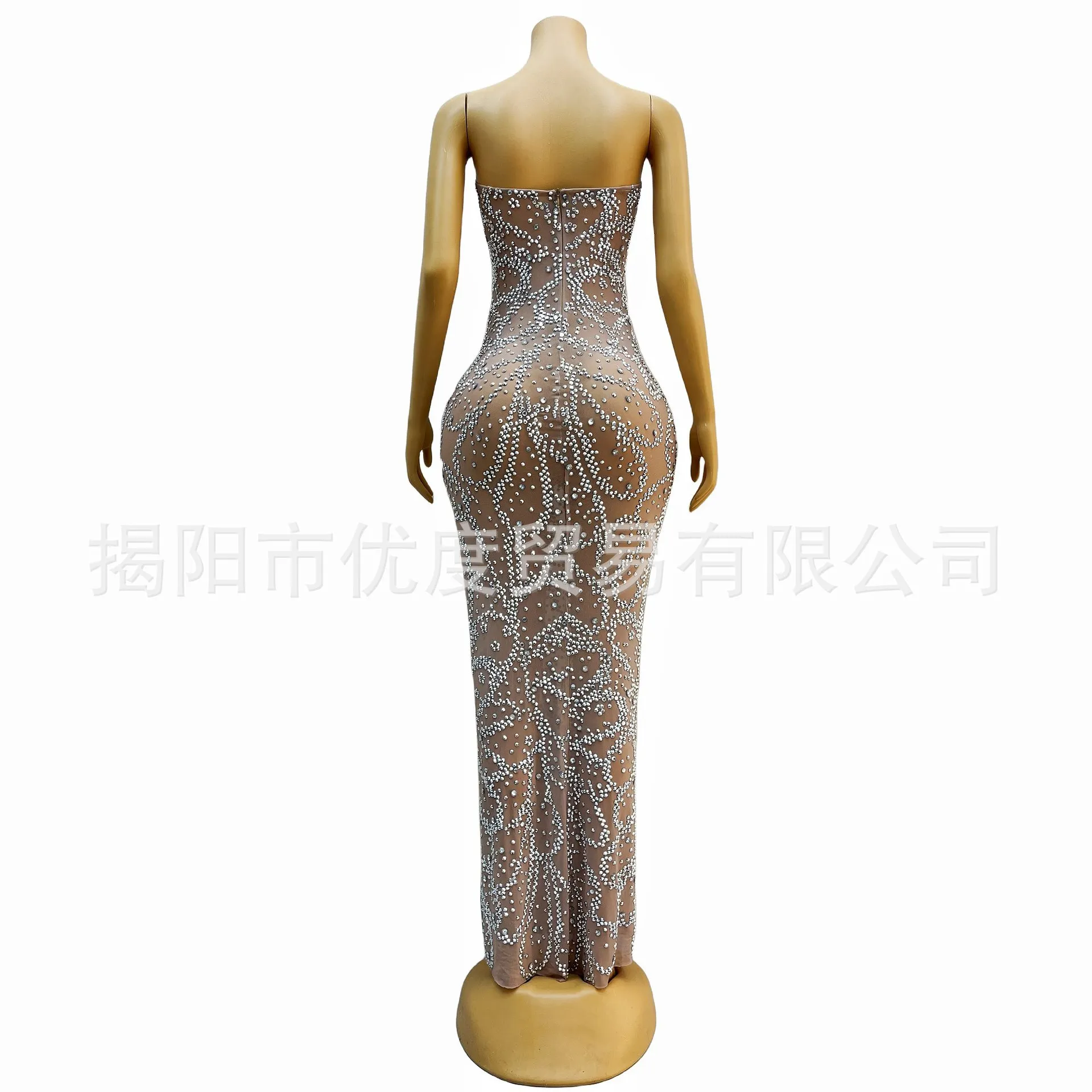 Tube Top Rhinestone Split Glam Birthday Cocktail Party Ball Night Dress Ginkgo Biloba Vestido De Noche Stage Performance Dresses