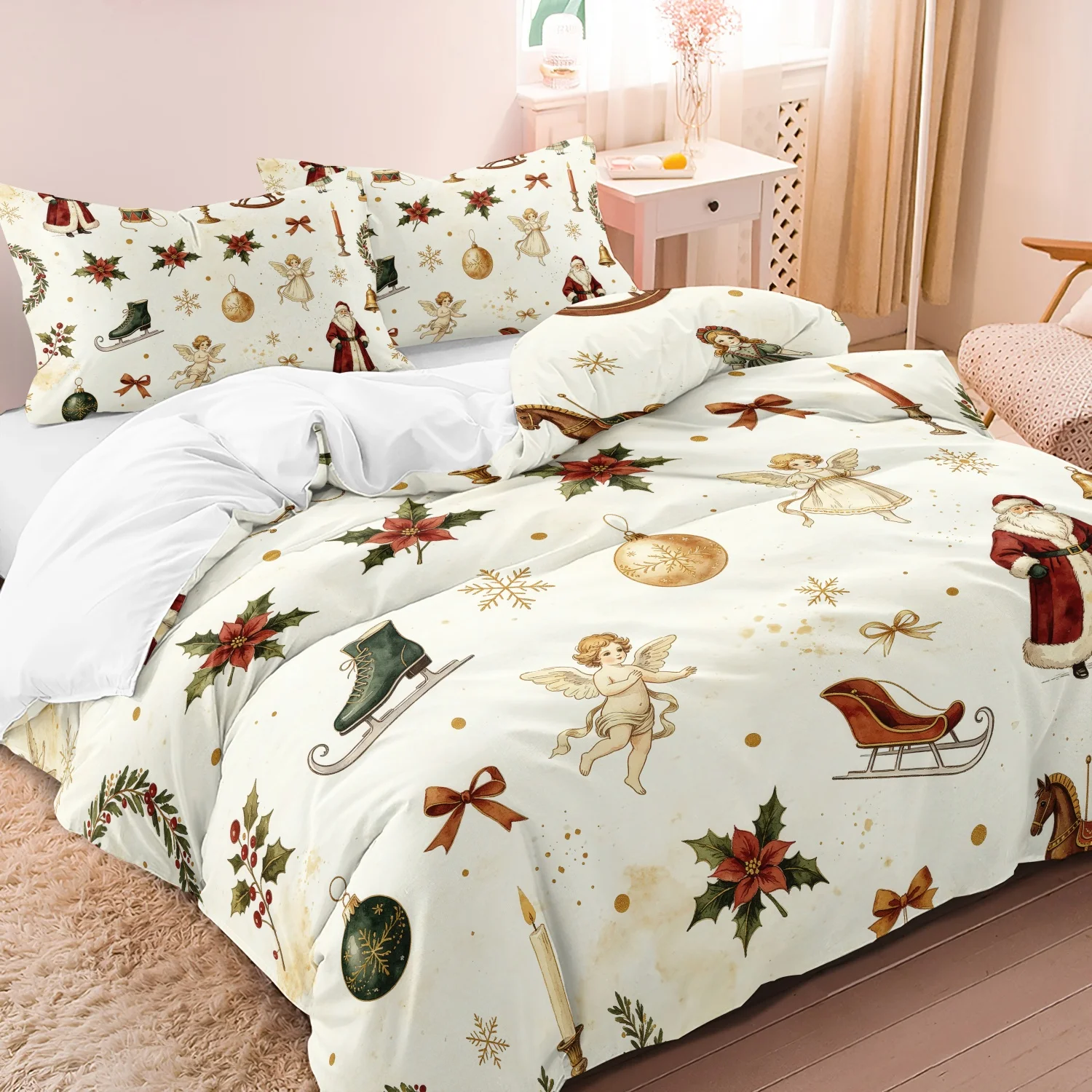 3Pcs Antique Christmas Bedding Set, Old Santa Angel Sleigh Ornament Print Duvet Cover, For Family Bedrooms Dormitories Hotels