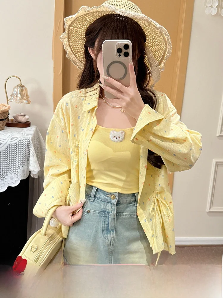 

Sweet Polka Dot Casual Loose Sun Protection Outerwear Cotton 100% Girl's Summer Shirt Versatile Loose Fit Classic Style