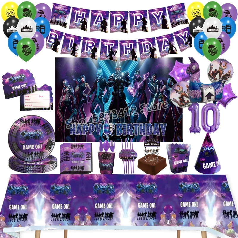 Fortnite Geburtstagsparty-Dekoration Kinderparty Jungen Mädchen Tischgeschirr Becher Tischdecke Zahlen Ballons Tortendekoration Hintergrund