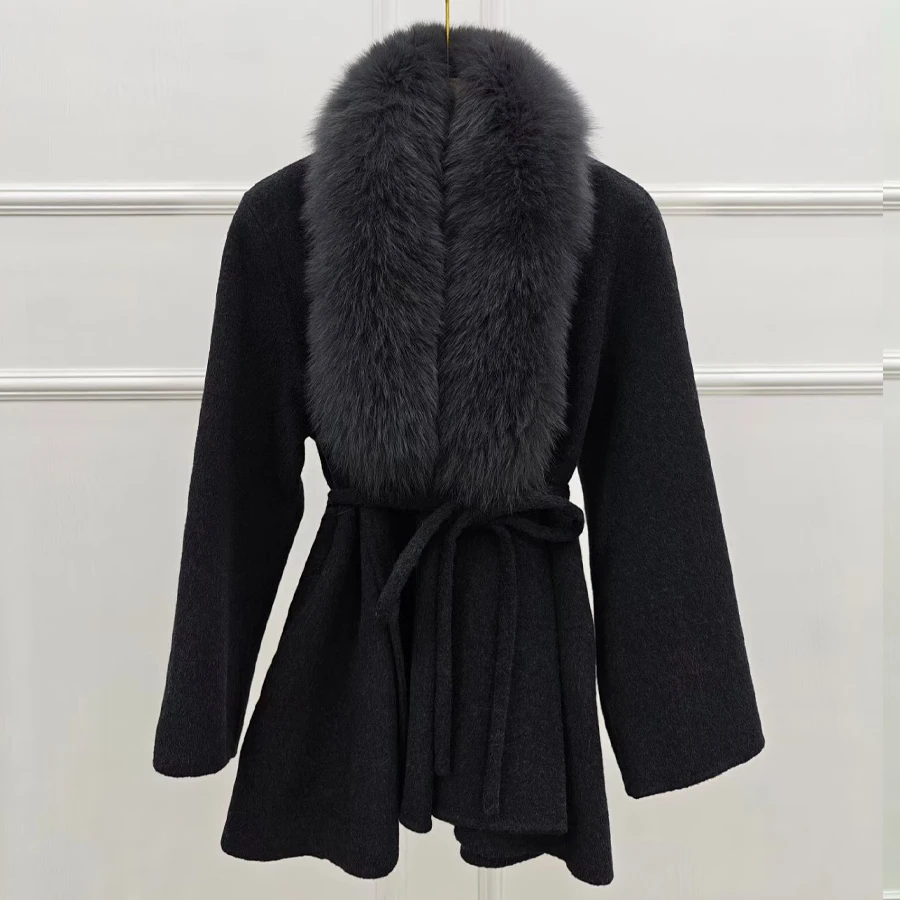 Nuovo cappotto in cashmere da donna misto lana vera pelliccia di volpe finiture giacche in pelliccia naturale abiti di lusso giacca in lana di cashmere