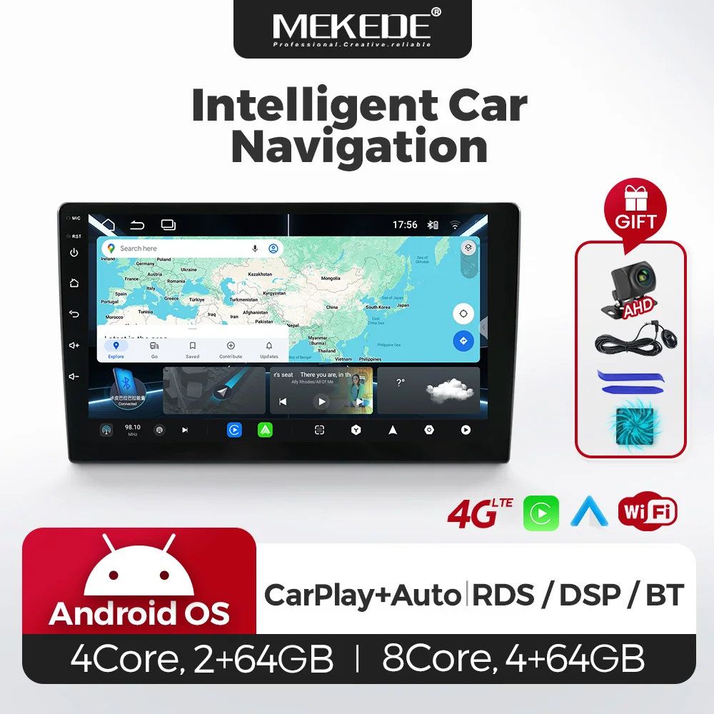 Autoradio Android 15 MEKEDE avec écran 1280*720, 4G, 64 Go, 7, 9, 10 pouces, lecteur universel pour Toyota, Honda, Audi, BMW, Benz, VW, Renault, Peugeot, Opel, Citroën, Fiat, SEAT, Skoda, CarPlay sans fil, DSP, GPS, système multimédia intelligent, Wifi, stéréo, unité principale 8 cœurs