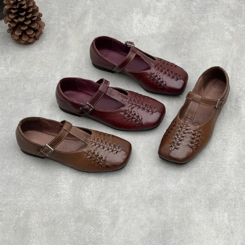 Retro Washed Cowhide Genuine Leather Flat Pumps for Women Handmade Woven Square Toe T-Strap Buckle Casual Comfortable Mary Janes