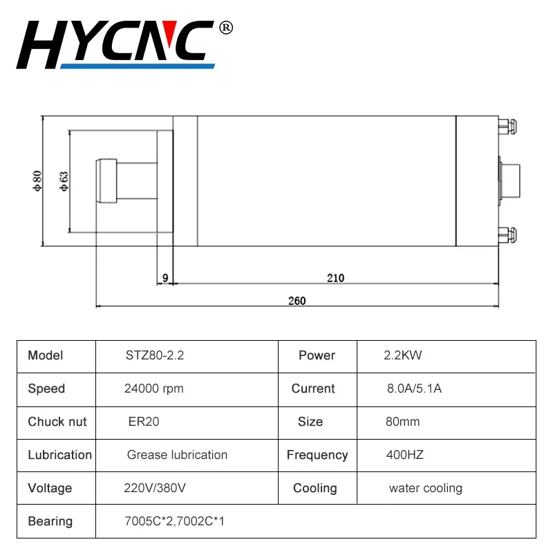 Water-cooled Woodworking Spindle Motor 2.2kw ER20 Chuck, Diameter 80mm, Engraving Machine Accessories