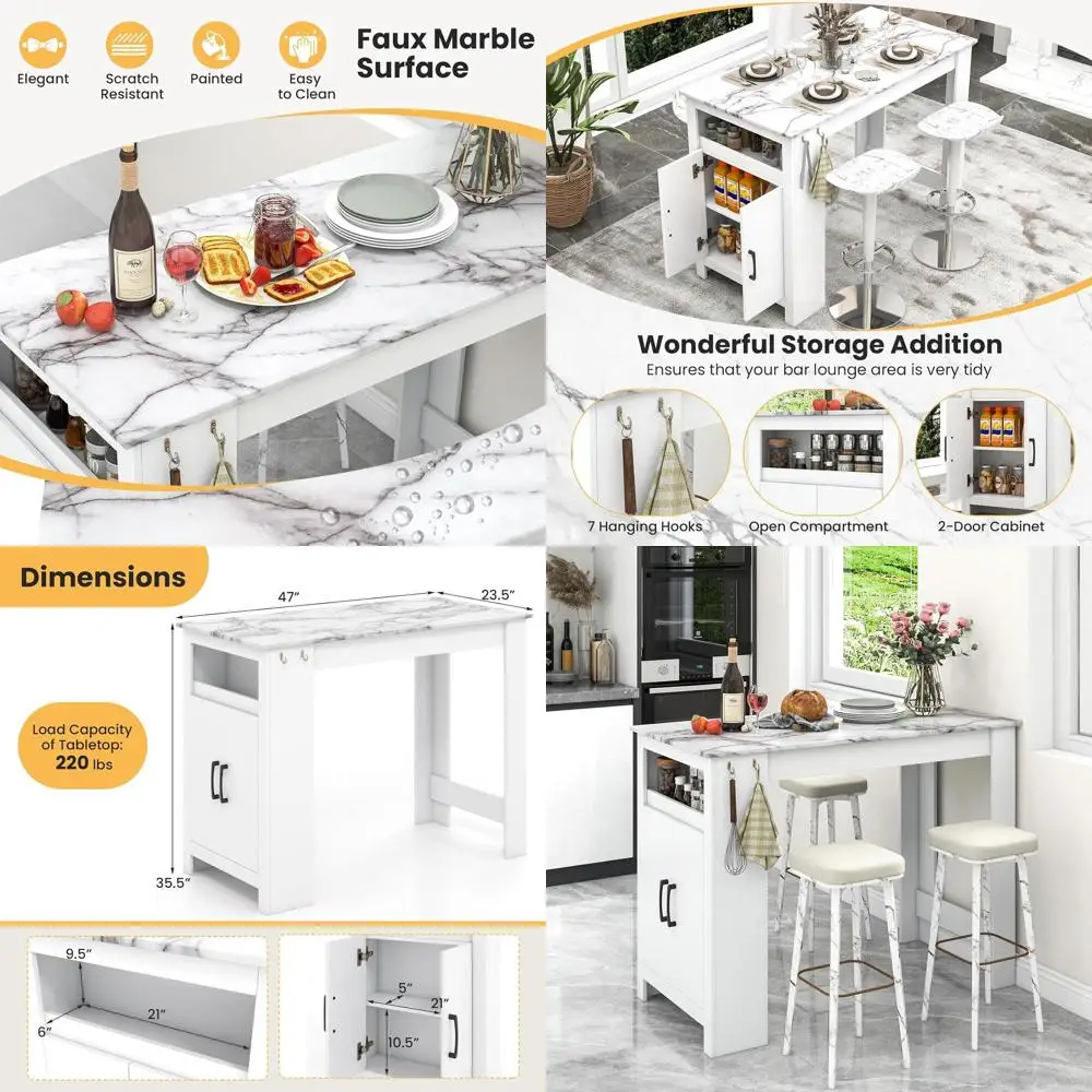 

White Marble Top Counter Height Pub Table with 7 Hooks, Cabinet, Shelves, and Small Space Design (47x23.5x35.5)