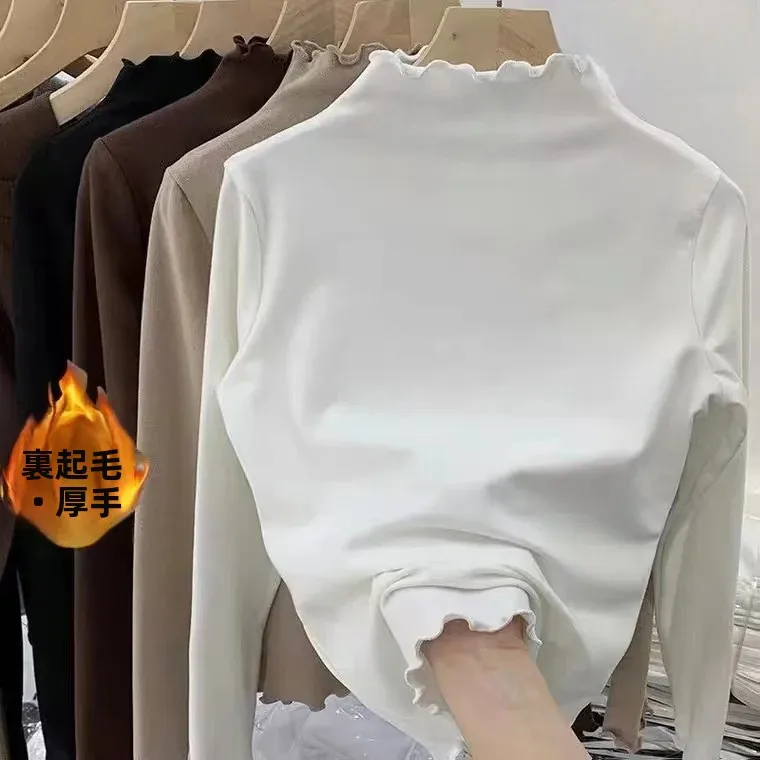 Thickened Fleece Long Sleeve Base Shirt Women's Autumn Winter Fashion Inner Wear Integrated Velvet High Collar Trendy Top