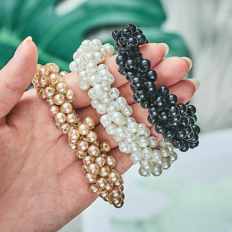 Pearl Hair Bands Women Girls Scrunchie Ponytail Holder Pearl Beads Women Hair Bands Elastic Rubber Rope Ties Hair Accessories