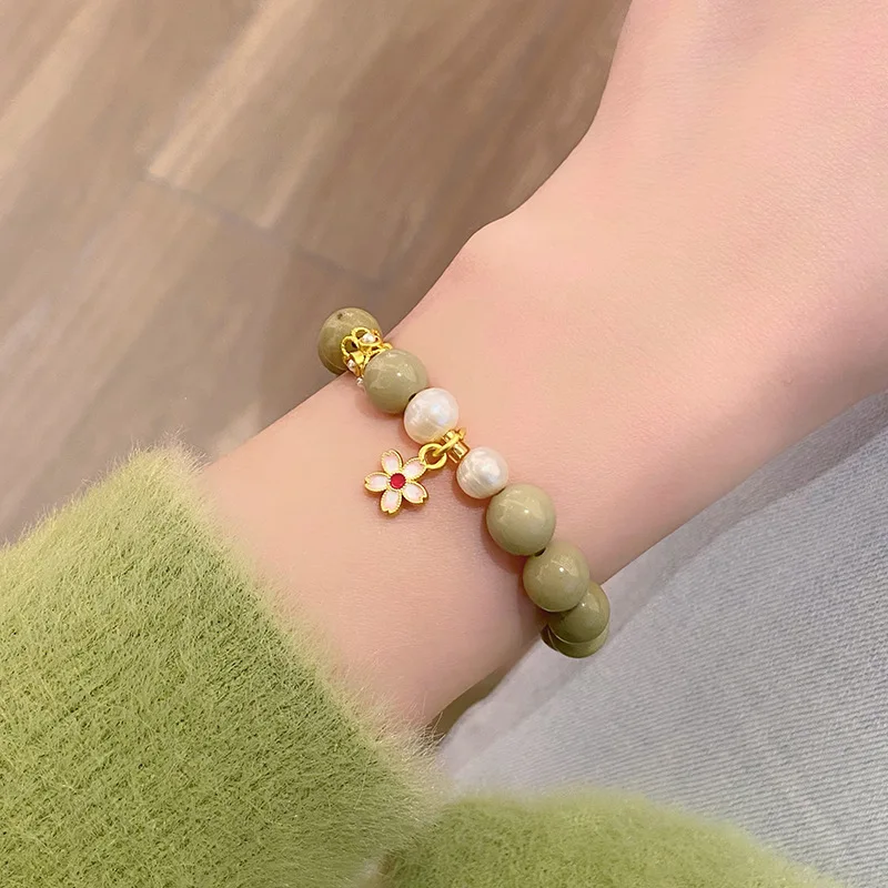 Chinese Artistic Retro Mori Style Green Alashan Temple Cultural and Creative Peach Blossom Bracelet Ladies Girlfr