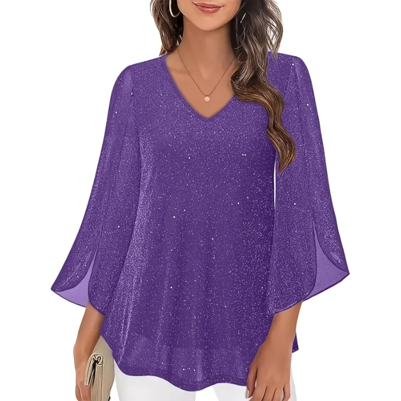 Blus Wanita Ukuran Besar 1XL-5XL, Model V-neck Modis, Kasual dengan Ruffle di Tepi, Lengan 3/4, Longgar dan Nyaman