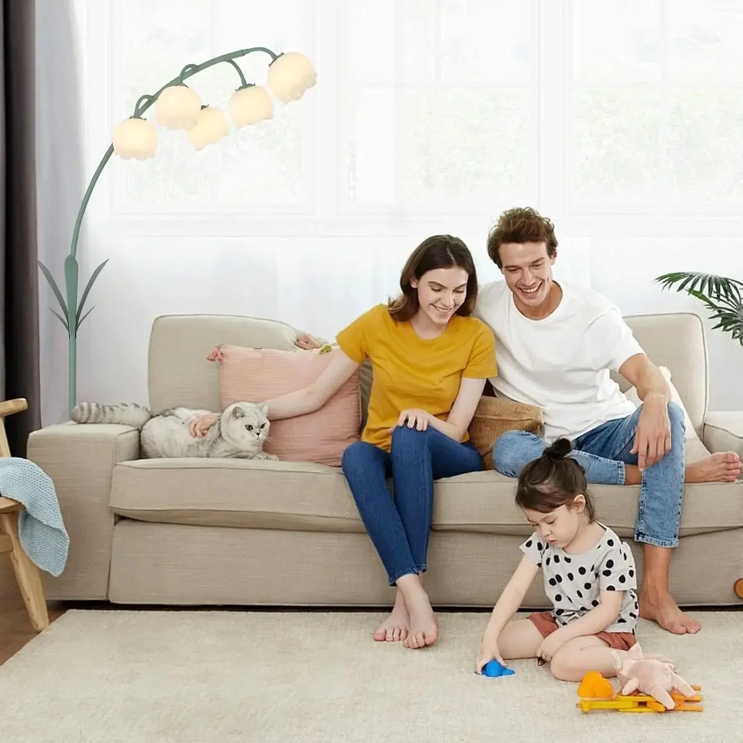 Floor Lamp for Living Room, Flower Floor Lamp with 5 G9 LED Bulbs, Foot Switch, Green Floral Standing Lamp with Acrylic Shade