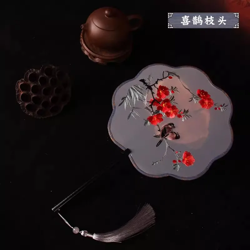Chinese Round Silk Fan Double-Sided Embroidery Handmade Vintage Palace Fan for Hanfu Cheongsam Dance Performance Costume