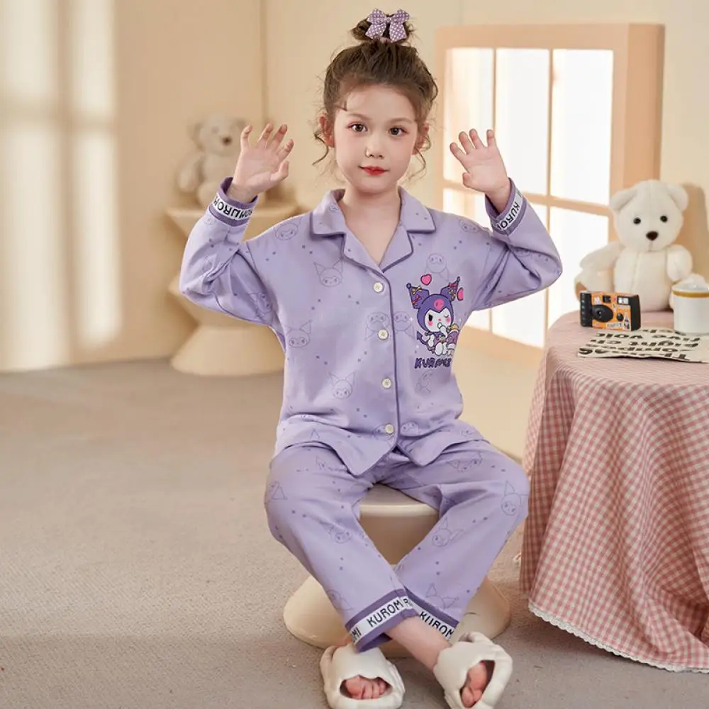 

Kuromi Sanrio, детская одежда для сна с героями мультфильмов для девочек, кардиганы, весенне-осенний комплект, милый комплект с лацканами и принтом, удобная детская домашняя одежда, новые подарки