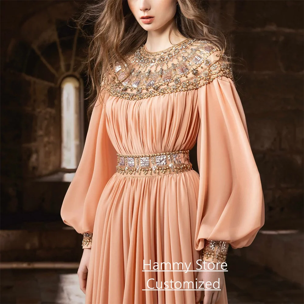 Woman Evening Dress Customized Round Neck Puff Sleeves Pearls Stones Chiffon Sweep Train Prom Gown Abaya Party Dresses