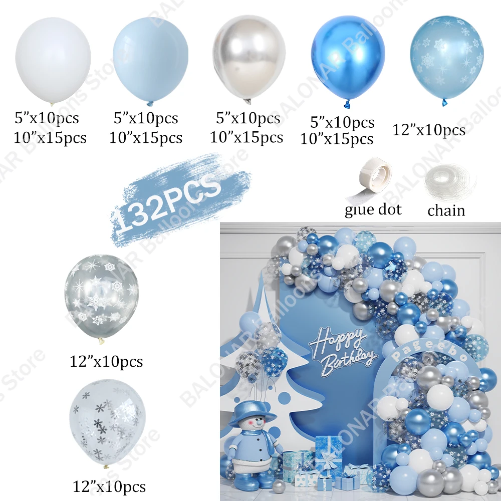 134pcs Frozen Snowflake Balloon Garland Arch Silver Blue Snowflake Balloon Girl Princess Birthday Party Winter Christmas Decor