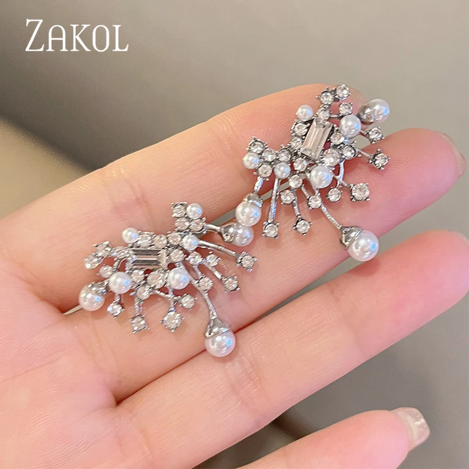 ZAKOL Fashion Rhinestone Pearl Flower Stud Earrings for Women Elegant Romantic Bridal Aesthetic Irregular Wedding Jewelry