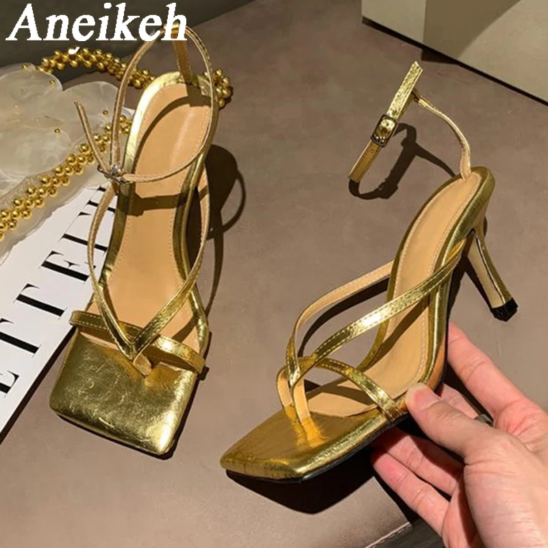 Aneikeh sandalo gladiatore estivo donna New Fashion Square Open Toe Pinch fascia stretta cinturino con fibbia alla caviglia tacchi a spillo scarpe