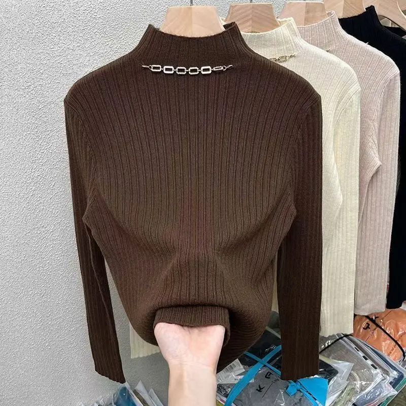 Korean Autumn Winter New Sweaters Women's Mock Neck Chain Simplicity Elegant Long Sleeve Pullovers Bottoming Shirt Knitted Tops